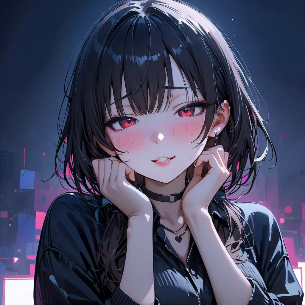 (masterpiece, best quality:1.2), 1 girl, unique, mature woman, black light, glowing eyes, yandere makeup, (love blush:1.5), hands up, half-closed eyes, glowing-eyes, seductive smile, hands on cheeks