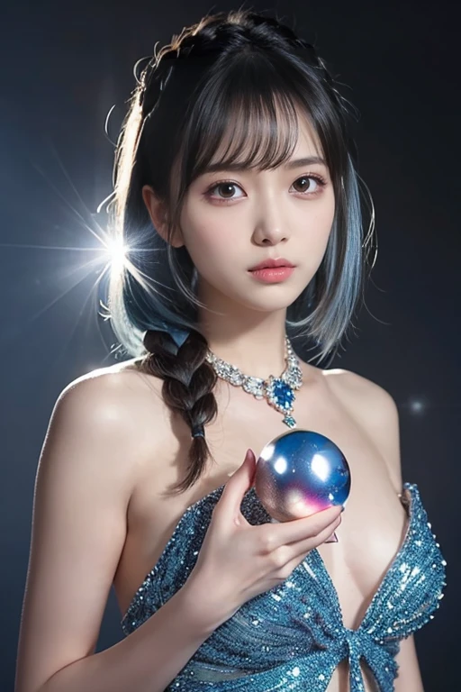 the hair,Nice face,blue bikini armor,Heterochromatic pupil,fully body photo,half moon,under moonlight,(tmasterpiece:1.1),(Best quality:1.1),(HighDynamicRange:1),ambient light,Super girl, mystical elf, looking into crystal ball, holding mysteries, showing a microcosm space, stars, unique, huge breasts, cleavage, candlelight, dark background, atmosphere of mystery, smoke, subtle multicolored lighting,