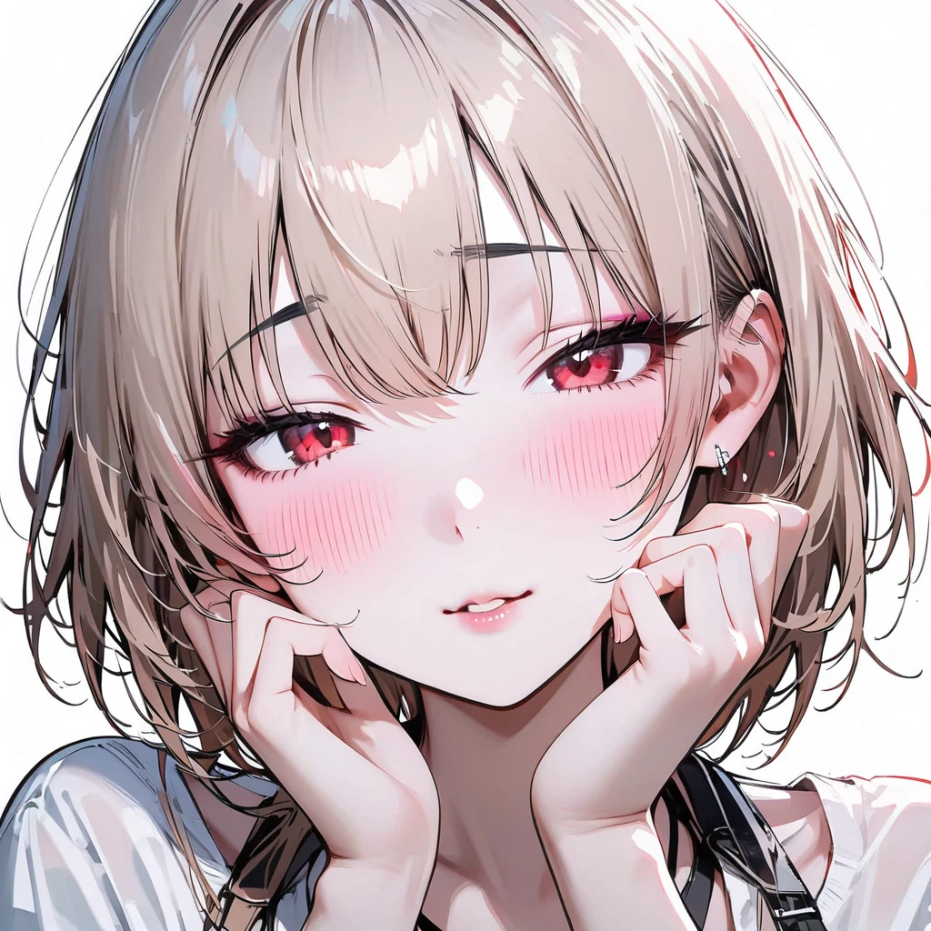 (masterpiece, best quality:1.2), 1 girl, unique, mature woman, black light, glowing eyes, yandere makeup, (love blush:1.5), hands up, half-closed eyes, glowing-eyes, seductive smile, hands on cheeks, close-up