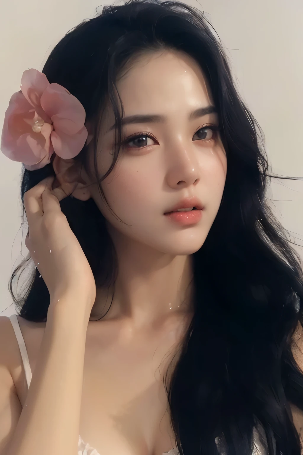 Top Quality, Masterpiece, Ultra High Resolution, (Photorealistic: 1.4), Raw Photo, 1 Girl, Black Hair, Glossy Skin, (((Ultra Realistic Details)), Portrait, Global Illumination, Shadows, Octane Rendering, 8K, Ultra Sharp, Intricate Ornaments Details, realistic skin, sweat effect,very intricate detail, realistic light, CGSoation trend, 