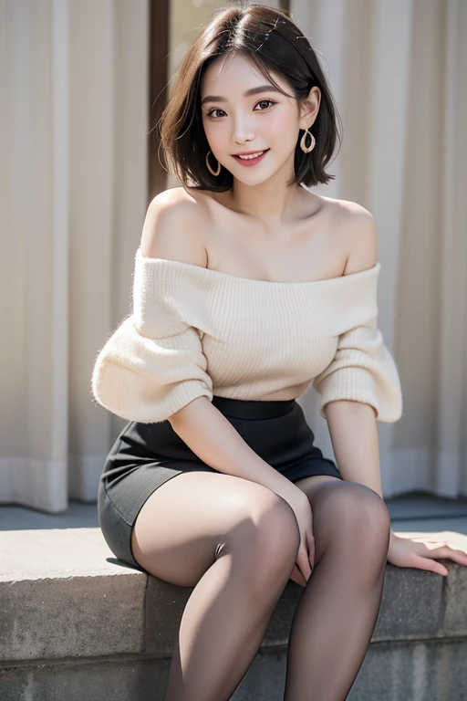 (masterpiece)、(Highest quality:1.5)、(Photorealistic:1.2)、(Surreal), (High resolution), (Realistic), (Post-processing),(Sharp focus), Sharp focus:1.2,Backlight, (Improvement of quality:1.4), (Narrow waist)、((Perfectly detailed five-fingered hands)),(Anatomically correct body)、((1 female:1.4))、Japanese、Realistic Skin、(Small chest:1.4)、Bust size is A cup、Pretty woman with perfect figure:1.4,(from the front:1.5), (Enhances the beauty of skin texture:1.1),No makeup、美しいBlack Hair、smile、Natural color lip、(Small Mouth:1.4)、The mouth is not open、Thick lips、(Oval Face)、Even bangs、Hide eyebrows with bangs、((33-year-old woman))、Bob Hair、Hair blowing in the wind, (Black Hair, Iris, Watery eyes, Shining Eyes, Bob cut hair, Small earrings,), Hair behind the ear、No makeup、(Drooping eyes)、(((One lovely woman)),((優しい大きなsmile)),(( Small breasts,Small breastsの谷間)),((((Plump Cheeks)))),very cute,(Baby Face),Raccoon face、 ((Dark interior with eye-catching neon lights、No window、Alcohol is displayed、Dark Room:1))(Photorealistic)、(Off-the-shoulder knit、Short length、Very short Burberry check mini skirt)((Neon tube background))bar counter、Sitting on the couch、Lift your legs(Erotic and seductive gravure poses))((Full Body Shot))(((I can see up to my ankles)))