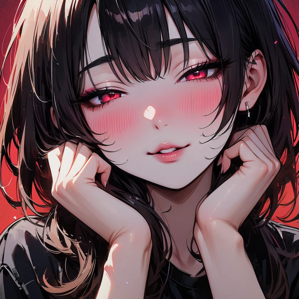 (masterpiece, best quality:1.2), 1 girl, unique, mature woman, black light, glowing eyes, yandere makeup, (love blush:1.5), hands up, half-closed eyes, glowing-eyes, seductive smile, hands on cheeks, close-up, face focus, looking down, red background