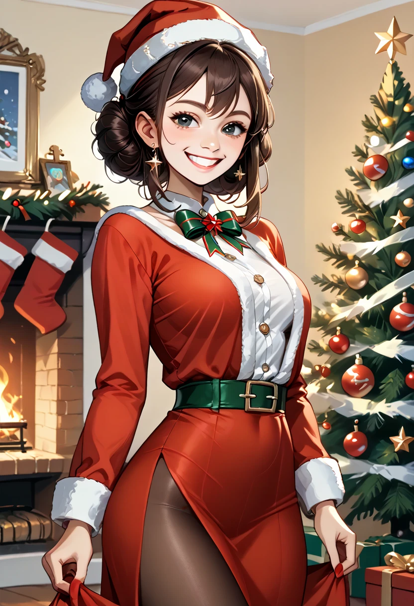   masterpiece ,1 , Serina,rosa_Hair, shezfe , therefore_shezfe , for the_trim, tem, santa_costume, Natal, open_boca, smile, sino, Alone, red_headwear, pantyhose, White_ experience , rosa_eyes, santa_tem, 