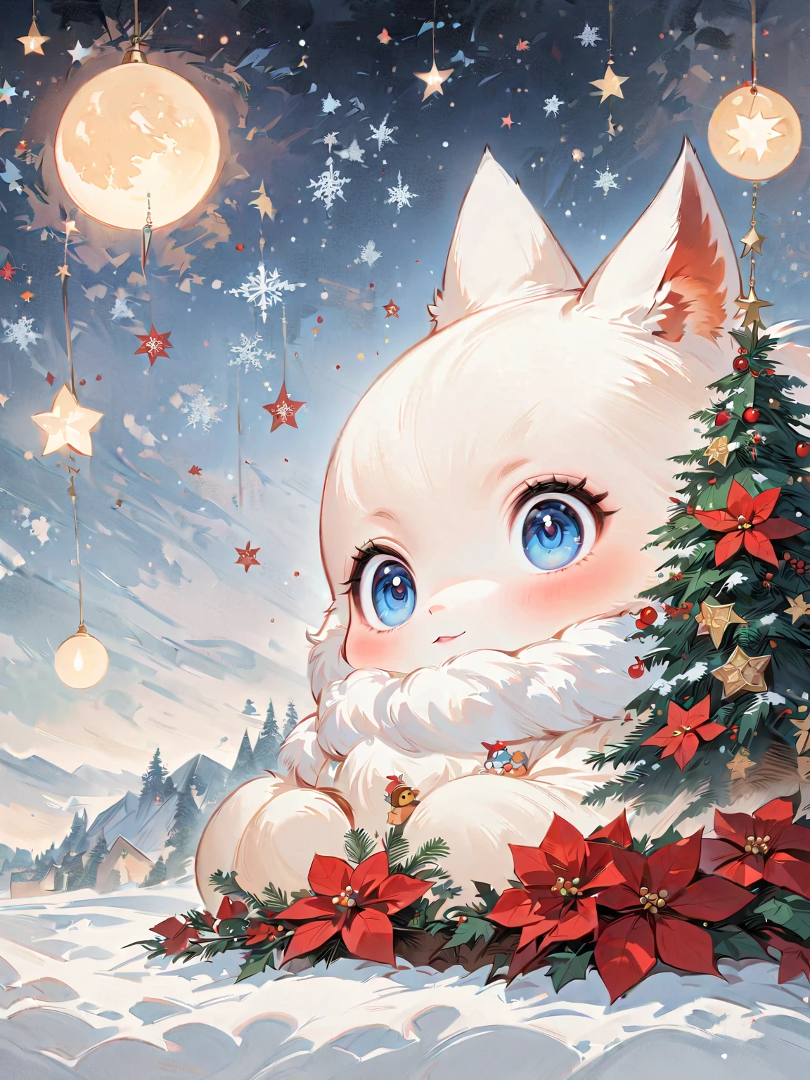  christmas illustration，cute, Baby kitsune， the little character 、 Christmas Winter Scenery ，Christmas food ，When it snows , A rainbow appears。 poinsettia，(  top quality,masterpiece:1.2),    anime style character design， Baby kitsune， Alone， big eyes，  cute表情  ，Floral Shirt， 