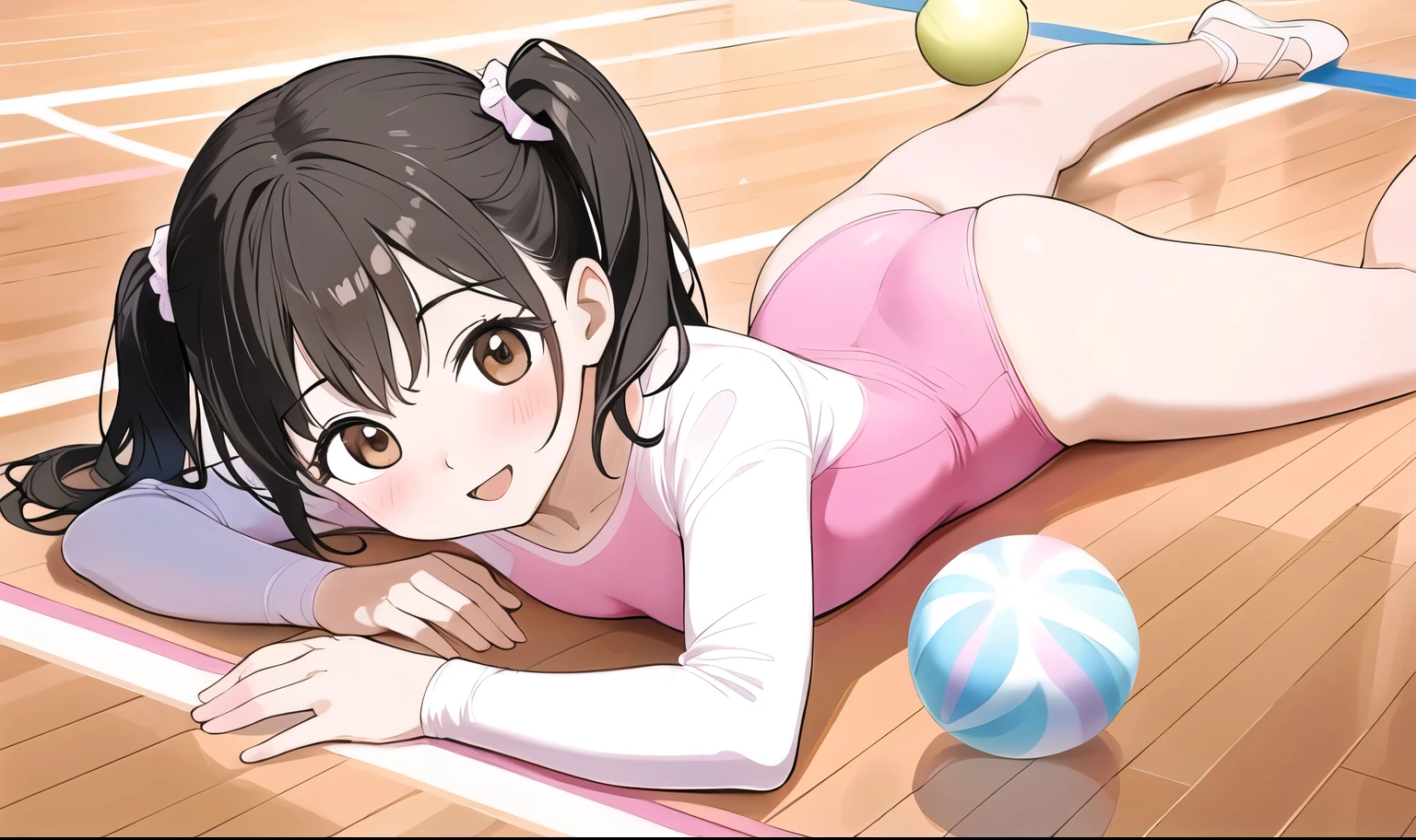 a cartoon girl is laying on the floor with a volleyball on top of her bare  legs, 1girl, solo, pink leotard, leotard, wooden floor, ball, twintails, lying, smile, athletic leotard, brown eyes, gymnastics, black hair, looking at viewer, open mouth, on stomach, blush, scrunchie, ass, hair scrunchie