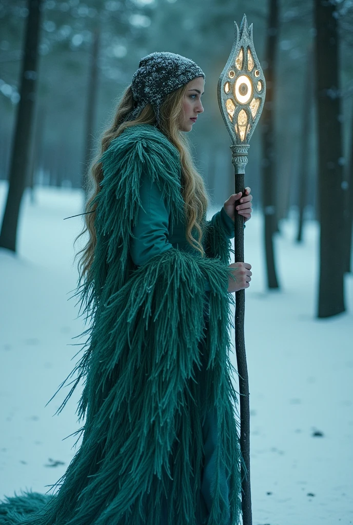 ((masterpiece)) ((photography)) ((Highest quality)) Winter and forest fairy, standing in silence, radiating an aura of glacial mystery. She wields a magical weapon adorned with glowing runes, emitting a soft, otherworldly light. Dark fantasy, painterly style with a touch of surrealism. Deep teal blue and frosty green color palette, soft and diffused lighting. Focus on texture – intricate details of pine needles woven into her attire and frosted hair. In the background, a snowy pine forest with some felled trunks, a testament to human greed. A chilling and protective atmosphere, high-resolution rendering, atmospheric perspective.