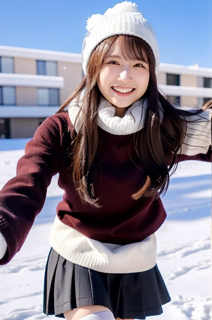 (masterpiece, best quality, perfect anatomy, highres, 8k, realistic, photorealistic, natural skin texture, no makeup:1.2), 1girl, solo, Japanese, female university student, age20, very cute, winter, (very cold day),
 (There is snow on the ground, she is spinning around on the snow with her arms outstretched, laughing and frolicking:1.5), (perfect figure), earth-colored winter clothes, mini skirt, knit  hat, scarf, black pantyhose, glove, blue sky,  snap shot, fullbody shot, sun lighting, jp idol, erogao, tanukigao