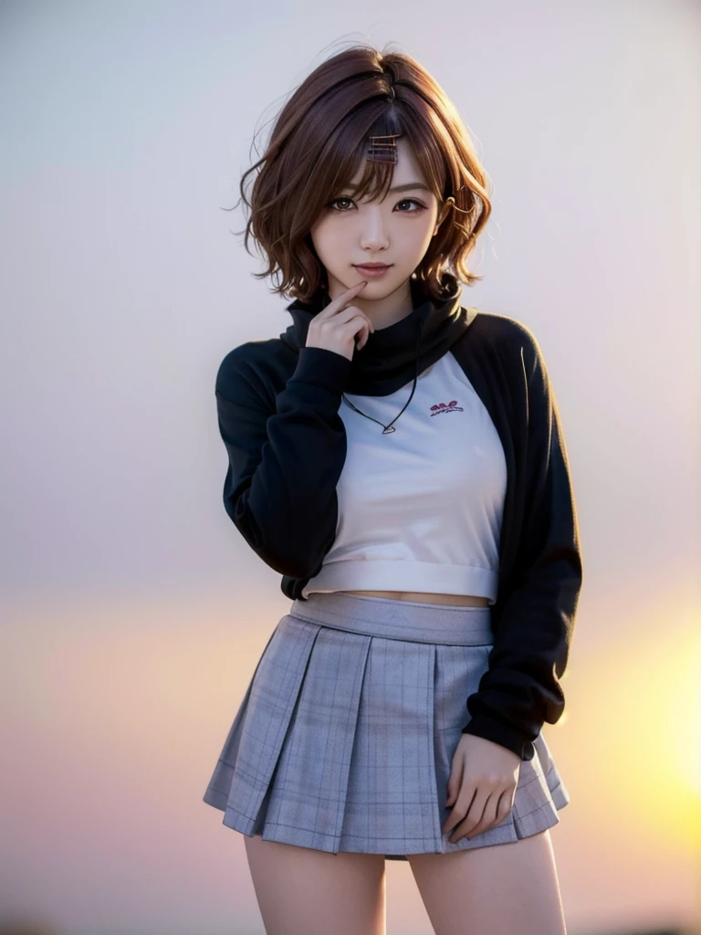 1girl, solo, teenager, Slender Body, large Breasts, Low Height, (cute Japanese girl), 
A big smile, Looking at camera, 
break
wearing knit sweater & miniskirt, (Flirtingly lifting her skirt to show her panties:1.3)
break,
Professional photo-realistic images, (8k, RAW photo, best quality, masterpiece:1.2), (realistic, photo-realistic:1.4), (extremely detailed 8k wallpaper), sharp focus, depth of field, blur background, bokeh, cinematic lighting, soft light,
break
madoka higuchi yd, brown hair, eyebrows hidden by hair, grey background, hair ornament, hairclip, mole, mole under eye, (purple eyes:1.1), short hair, wavy hair,
break
