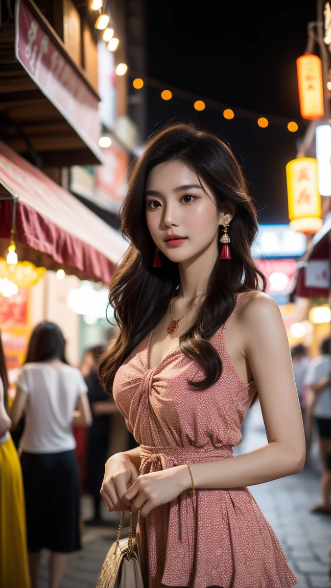 In a bustling night market, lit by multicolored lanterns and twinkling fairy lights, the atmosphere is alive with energy and excitement. Here, a Thai woman stands confidently amid the lively bustle. Her dark wavy hair catches the gentle light of the nearby light. She wears a dress. Her distinctive crimson polka dot dress, which contrasts beautifully with the colors of the market shops. The warm light highlights her layered earrings and necklace as she stares at the audience intensely, providing confidence amid the vibrant scenes. The blurred background is filled with colorful shops and silhouettes of people enjoying. With the evening. Show the vibrant culture around you. you