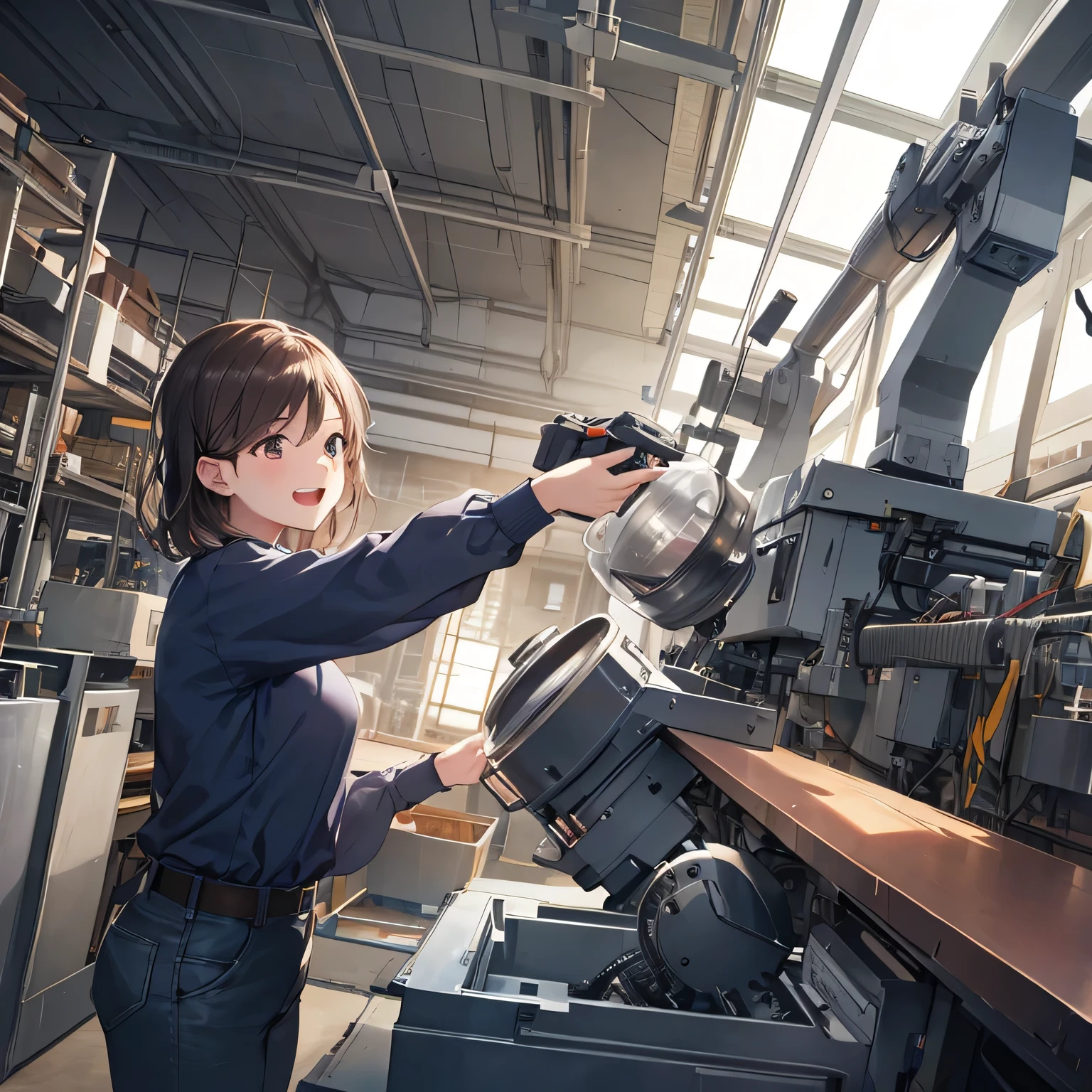 Masterpiece, Top quality, High quality, One girl, Solo, Busty (perfect face), 25 years old, (open mouth, big smile), brown hair, thick gray long-sleeved work clothes, white gloves, (gray hat), small chest (blue string around neck, employee ID in horizontal transparent case), metal manufacturing plant, belt conveyor Keywords: industrial environment, factory workers, side view, side view, concentration, repetitive tasks, Keywords: work, machine noise, assembly line, safety equipment, efficiency, production process, fast-paced work, concentration, teamwork, precision, automation, manufacturing environment, productivity, hands on, dedication, uniformity, mechanical movement, industrial equipment, work Emphasis, Manufacturing, Assembly Process, Skilled Workers, Synchronized Motion, Work Motivation, Warm Natural Light Illuminates Entire Scene, Clear, High Definition, Open Mouth Full Smile.