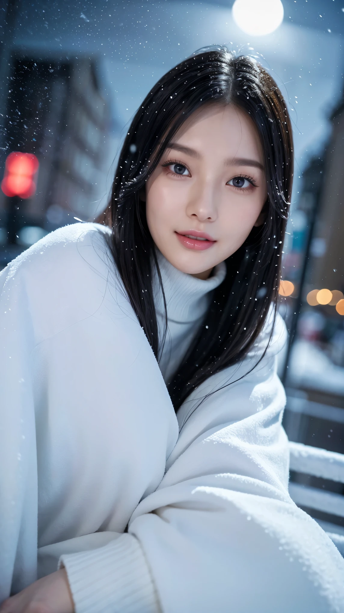 ( top quality、 table top in front of you、8k、 Max Image、 Award-winning works )、Beautiful female idol、(Alone:1.1)、( midwinter black high neck long coat:1.1)、((It's snowing in the city at night )),((Staring at the most beautiful but slightly lonely sky:1.1))、(Front upper body photo from a high angle :1.1)、 Completely-valid、 has long eyelashes、Ultra HD Shining Eyes、 ultra HD hair、 super high resolution glossy lips 、  super high resolution perfect teeth  、 beautiful ultra-high definition face 、( accurate anatomy:1.1)、( Very bright and beautiful skin :1.2)、(Very bright and vivid:1.2)、