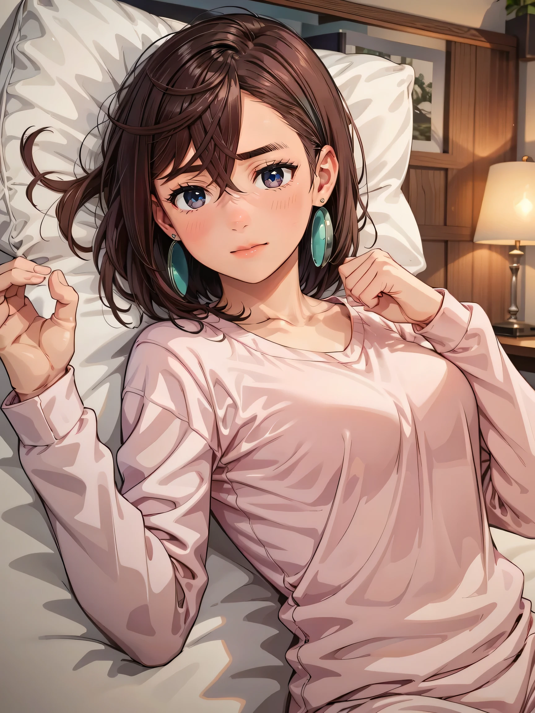 photo realistic,8k,finely detailed skin,detailed skin texture,high quality skin,realistic skin,from 1girl,1woman sleeping together in bed, gently smile,one piece fluffy pajamas, calm bedroom, blurred vision, little dark,masterpiece, best quality, high resolution, 4k, ultra high resolution, highly detailed, highly detailed, beautiful eyes, beautiful hair, beautiful side, beautiful skin,detailed shiny skin,good hands, best hands,curvy,Cosmic eyes,Momo Ayase