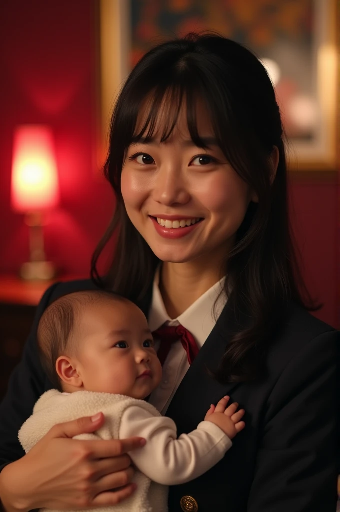 (best quality、On the table、8K、Best image quality、Award-winning works)、(A Japanese schoolgirl wearing a suit holding a baby:1.3)、(Close-up of face:1.1)、Large Breasts、Highlight your body lines、Ultra HD hair、Ultra-high resolution perfect teeth、The most beautiful smile is looking at me、Ultra HD Beauty、Ultra HD hair、Ultra HD shining eyes、Radiant Ultra-HD White Skin、Ultra-high quality glossy lipstick、(Accurate anatomy:1.2)、(Extremely blurred background of a bedroom in an upscale brothel:1.1)、(The background is very blurry:1.1)、Luxury wall decoration、Luxurious interior、(The highest level royal VIP bedroom:1.2)、(Gloomy and obscene lighting:1.1)