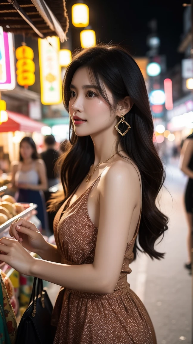 In a bustling night market, lit by multicolored lanterns and twinkling fairy lights, the atmosphere is alive with energy and excitement. Here, a Thai woman stands confidently amid the lively bustle. Her dark wavy hair catches the gentle light of the nearby light. She wears a dress. Her distinctive crimson polka dot dress, which contrasts beautifully with the colors of the market shops. The warm light highlights her layered earrings and necklace as she stares at the audience intensely, providing confidence amid the vibrant scenes. The blurred background is filled with colorful shops and silhouettes of people enjoying. With the evening. Show the vibrant culture around you. you