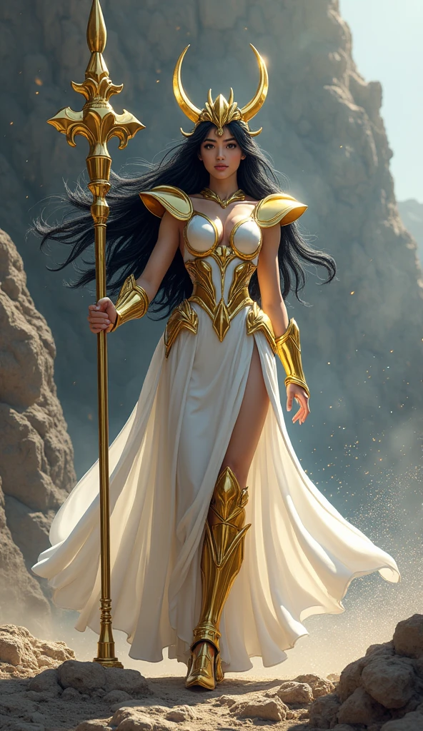 Angelina jolie as Thena of Eternos, sexy Greek superheroine who is a demigoddess , green eyes and long dark brown hair. She wears a white and gold outfit , she has bracelets that are gold, and has long white boots with a golden outline . she holds a long spear , She also wears a golden cache around her waist.. portrait photography by , no estilo do realismo, shining skin, , natural lighting, Defined full lips. Muscular fitness female body (Therapy) (cookie smile) (shield on her back)