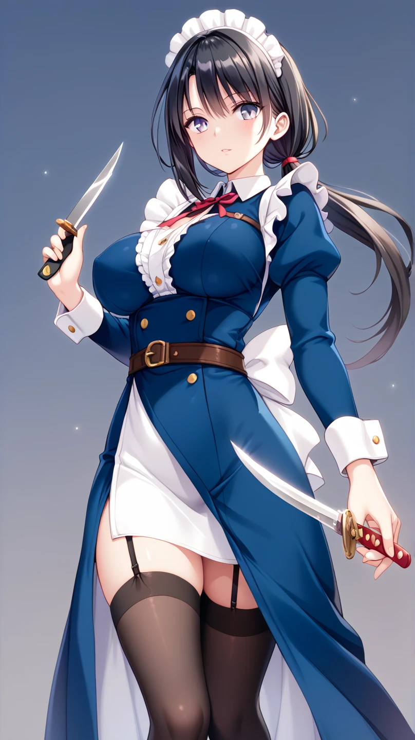  Masterpiece, One Assassin, Maid Chief ,　Short sword in hand :1.5 ,(( navy blue fabric accented with white fabric on the collar and hem, making it plain and less revealing:1.4)),(( tight long skirt with slits :1.4)), Long Sleeve ,White salon apron ,(( black garter belt and black knee-high tights:1.2)),Height: 170cm, beautiful body line ,Big Breasts,(( black hair, low ponytail:1.4)),, Beautiful, and Cool Faced Woman with Light Purple Eyes, beautiful model standing, viewed from oblique front,((Knife inserted into a leg holster visible through a slit:1.4))