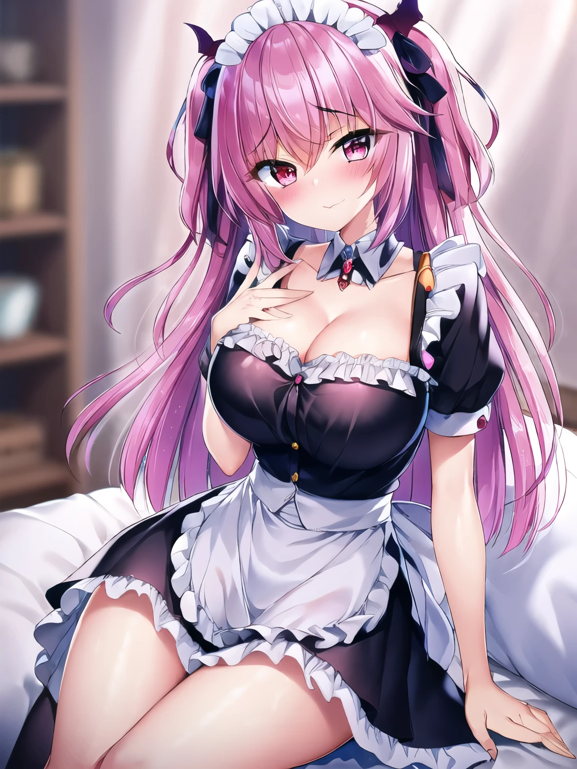 (Highest quality), (masterpiece), 1080P, High resolution, 4K, 8K, ((Maid clothes)), ((Bunny ears)), Black ruffles, Shooting from directly above, Sweat, ((White panties)), string, tie, To achieve this, ((~ side)), show your ~ side, Spread your legs, Nipples, Large Breasts, whole body, Embarrassed face, , Blunt bangs, bracelet, garter belt, Lying on your back, Off the shoulder