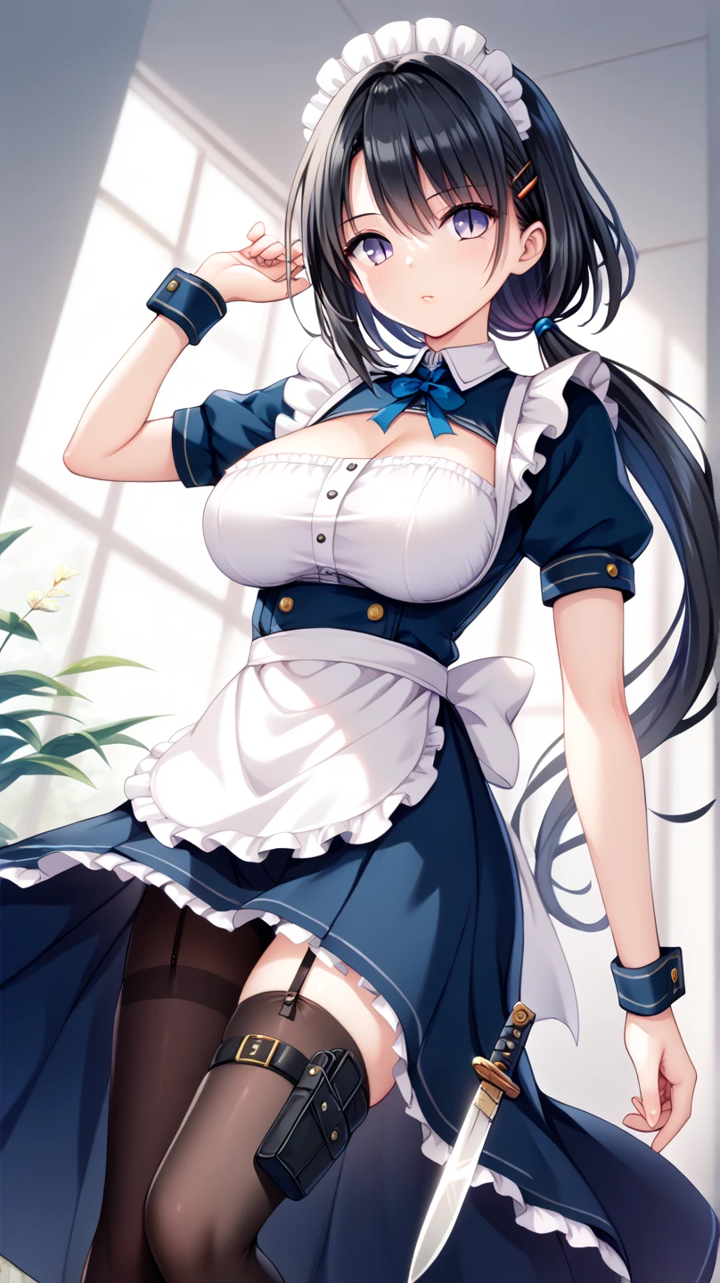  Masterpiece, One Assassin, Maid Chief ,　Short sword in hand :1.5 ,(( navy blue fabric accented with white fabric on the collar and hem, making it plain and less revealing:1.4)),(( tight long skirt with slits :1.4)), Long Sleeve ,White salon apron ,(( black garter belt and black knee-high tights:1.2)),Height: 170cm, beautiful body line ,Big Breasts,(( black hair, low ponytail:1.4)),, Beautiful, and Cool Faced Woman with Light Purple Eyes, beautiful model standing,View from above at an angle,((Knife inserted into a leg holster visible through a slit:1.4))