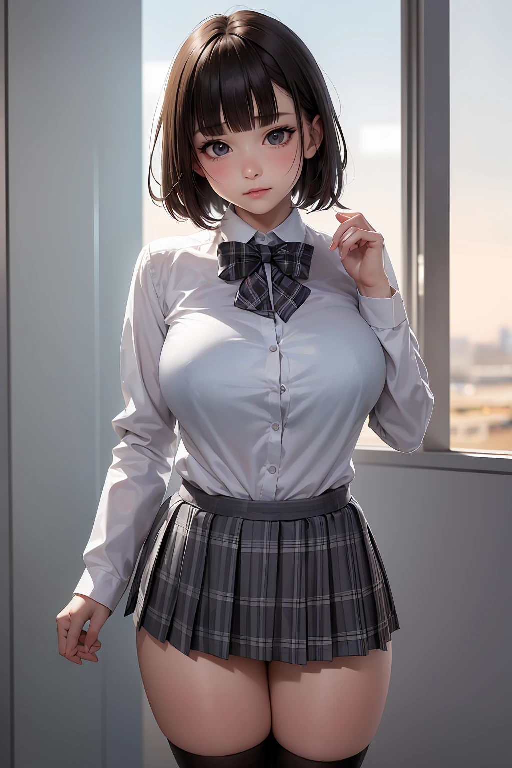 (ultra-detailed),( Japanese girl ),(1 person,),( school uniform, white long sleeve shirt, Grey Plaid Short Pleated Skirt, Black Knee High Socks :1.5),(light brown eyes,Cute eyes,Look here, embarrassed face taking off a towel),(( Very Big Breasts)),( big thighs),( black hair, medium straight hair),(blunt bangs:1.2),(School, cowboy shot), anime style,8k, best quality, masterpiece, clear,  best quality, ultra high res, super detail, accurate, high details,  highres icon,,detailed face