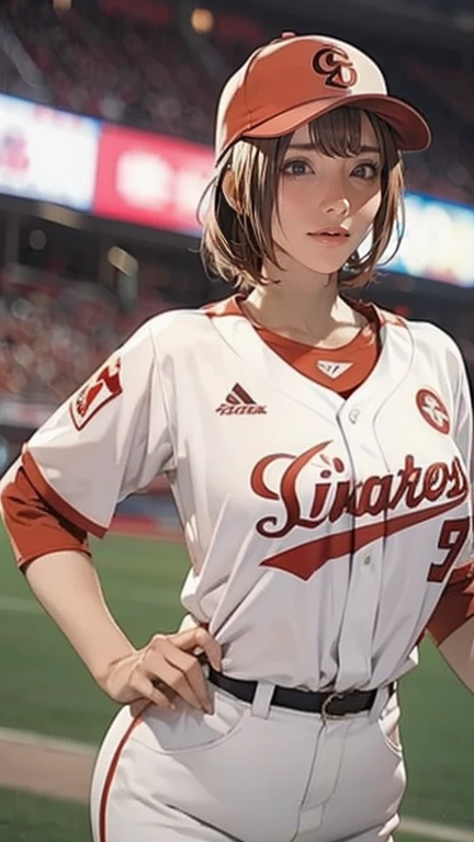 A very beautiful woman wearing a Hiroshima Carp uniform,Hit at Giants Stadium 、 bat