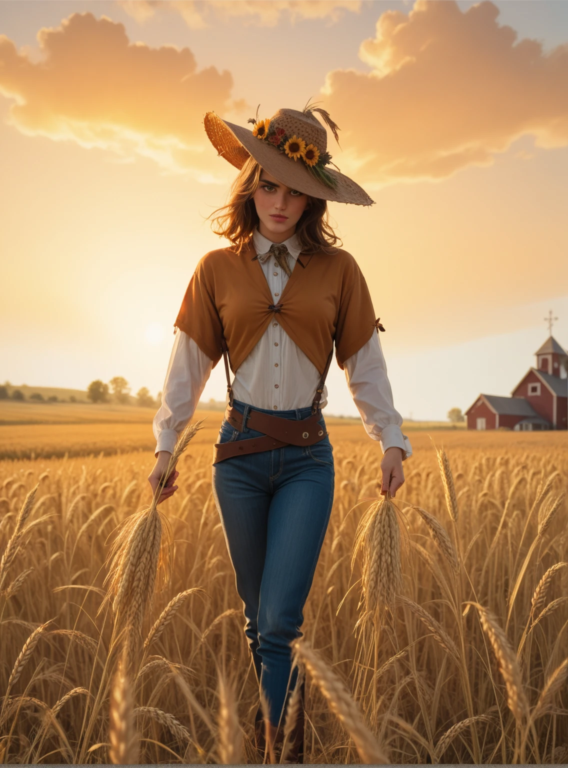 Terrible scarecrow at sunset in a wheat field