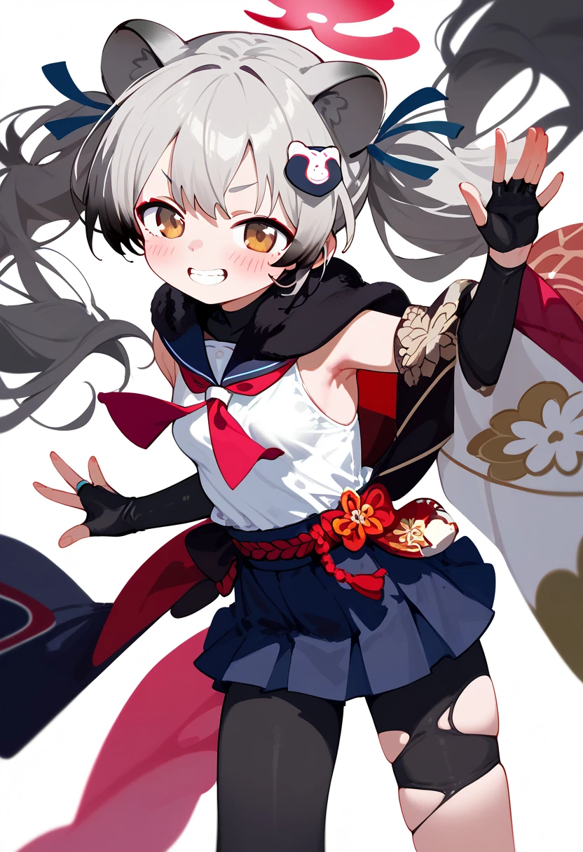 best quality, masterpiece, highres, solo, {michiru_bluearchive:1.15}, animal_ears, grey_hair, twintails, halo, long_hair, hair_ornament, hair_between_eyes, yellow_eyes, open_mouth, bangs, blush, ahoge, smile, multicolored_hair, 1girl, chibi, long_sleeves, short_eyebrows, thick_eyebrows, very_long_hair, white_background, animal_ear_fluff, skirt, pleated_skirt, shirt, brown_eyes, looking_at_viewer, scarf, white_shirt, gradient_hair, pantyhose, sailor_collar, simple_background, black_hair, black_scarf, bridal_gauntlets, wide_sleeves, black_pantyhose, tail, blue_skirt, holding, one_eye_closed, full_body, school_uniform, serafuku