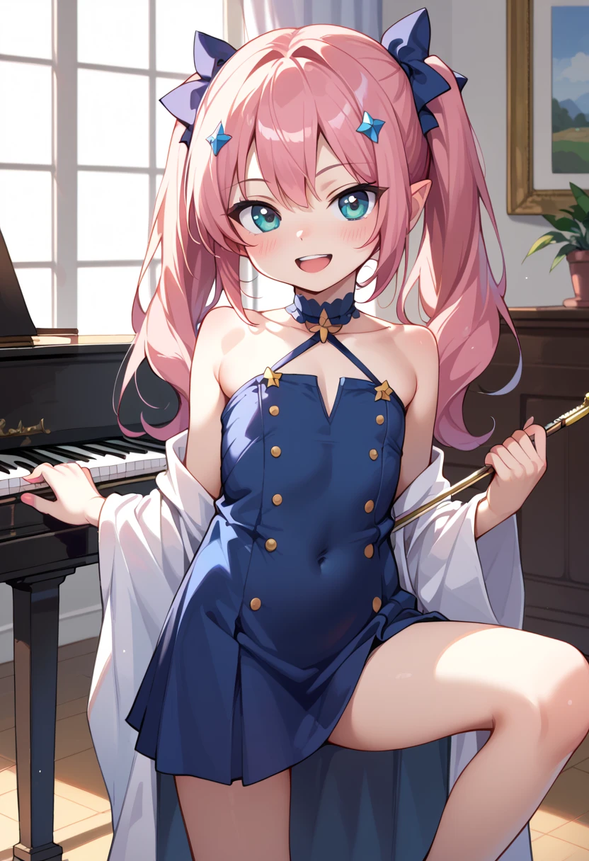 (( top quality)), ((masterpiece)), (be familiar with),  perfect face, indoor, bedroom, looking at the viewer,
One woman, Krull Tepesi ,
 open mouth,  ecstatic expression beside the piano, blush, smile,
 small ,  flat chested, Young girl, Lori,  kids,  girl,
 long hair,  twin tails,
Leg spread,