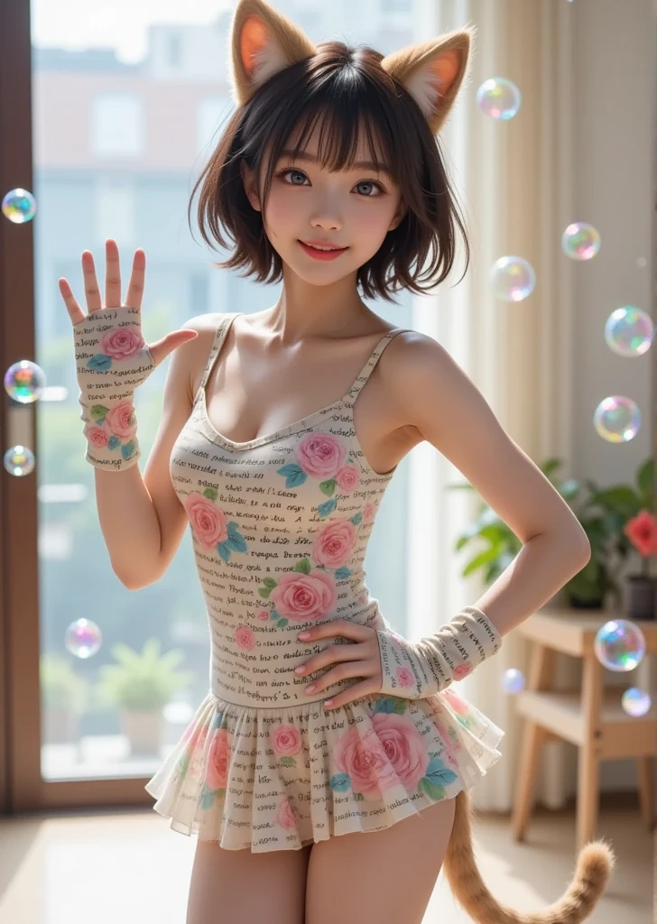  cute, personified female cat 、  Full body writing all over  、 Wearing a floral dress、 posing with big cat gloves、In a bright room、There are lots of soap bubbles in the background 