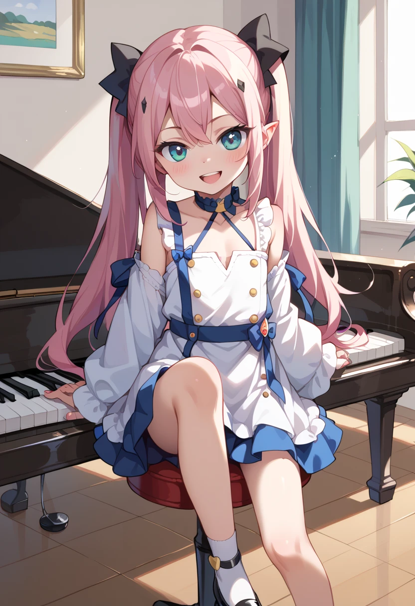 (( top quality)), ((masterpiece)), (be familiar with),  perfect face, indoor, bedroom, looking at the viewer,
One woman, Krull Tepesi ,
 open mouth,  ecstatic expression beside the piano, blush, smile,
 small ,  flat chested, Young girl, Lori,  kids,  girl,
 long hair,  twin tails,
Leg spread,