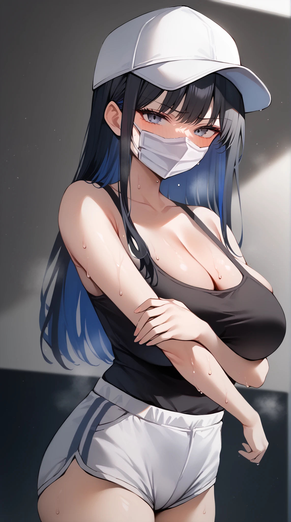  unaestheticXL_cbp62, neolight, Anime-style character, score_9, score_8_up, score_7_up, source_anime, 1woman, Adult, mature woman, 20 year old, Cool anime girl, white headwear, baseball cap, wearing black surgical mask, (black crop tank top, tight, slim fit, Black Dolphin Shorts), cleavage, thick, big breasts, maskhideface, wearing black surgical mask, upper body, curvy body, thick, big breasts, full-face blush, tempt look, red faced, embarrassed look, seductive face,  (sweaty, hand on own arm:1.3), (perfect anatomy, perfect proportions, perfect figure:1.3) (half body, cowboy shot, low angle, Looking at viewer), (background: gym),