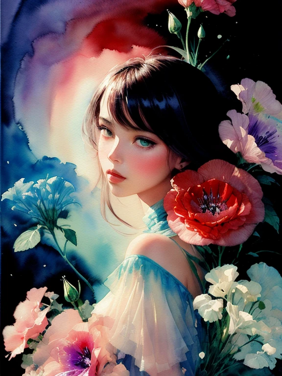 1girl,flower, Lisianthus ,in the style of light pink and light azure, dreamy and romantic compositions, pale pink, ethereal foliage, playful arrangements,fantasy, high contrast, ink strokes, explosions, over exposure, purple and red tone impression , abstract, ((watercolor painting by John Berkey and Jeremy Mann )) brush strokes, negative space,