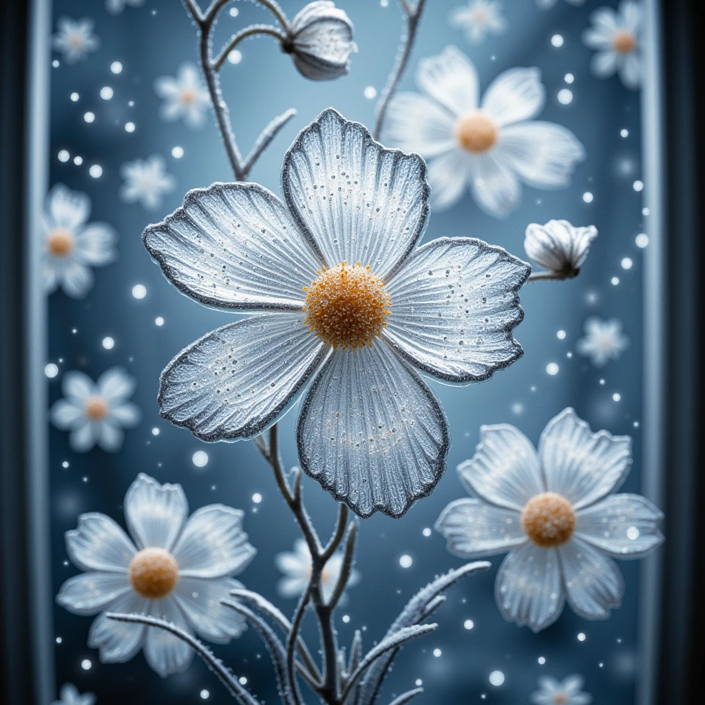  Silver Flower Pattern on the Window , Very Beautiful Flower with a Lush Bud ,  Shimmering in Bright Flowers ,  Shrouded in a smoky snowy magic mist ,  Silver glitter is reflected all over the Glass ,  Like Stars Twinkle and Shimmer in Pollen image, Crystal Details , 8 k,  masterpiece fails,  best quality ,  complex ,  maximum Quality, 