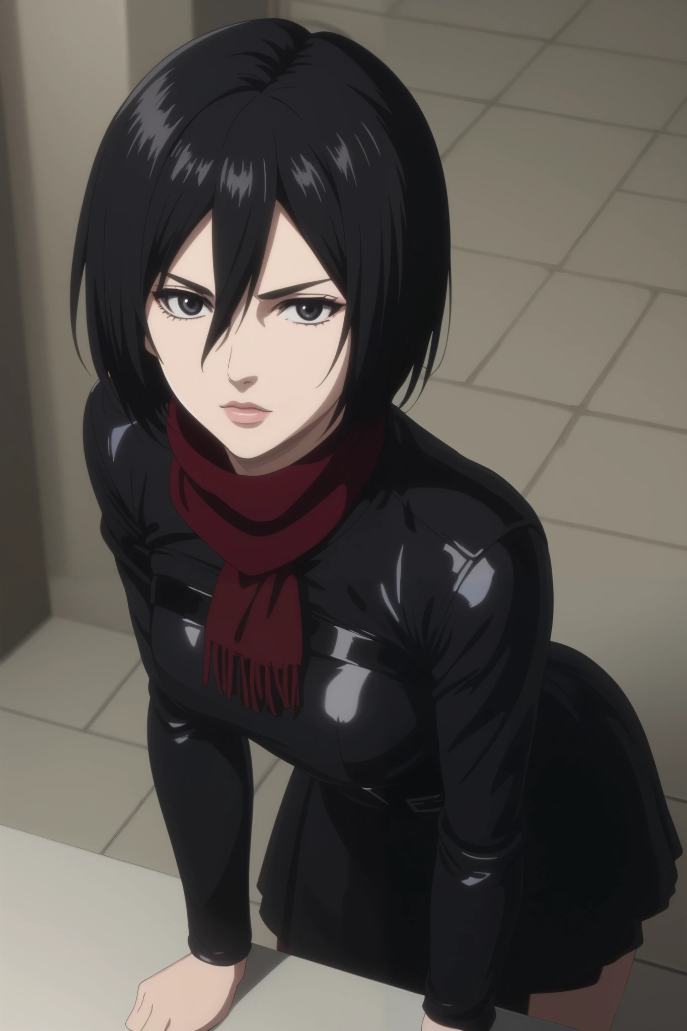 score_9, score_8_up, score_7_up, source_anime, rating_safe, intricate details, anime screencap, , , looking at viewer, , 1girl, solo, mikasa_ackerman, black hair, black eyes, s3, hair between eyes, short hair, lips, gothic dress, latex, gothic theme, red face, looking at viewer, she wears servant clothes, she is cleaning the bathroom, she wears too small skirt, red scarf