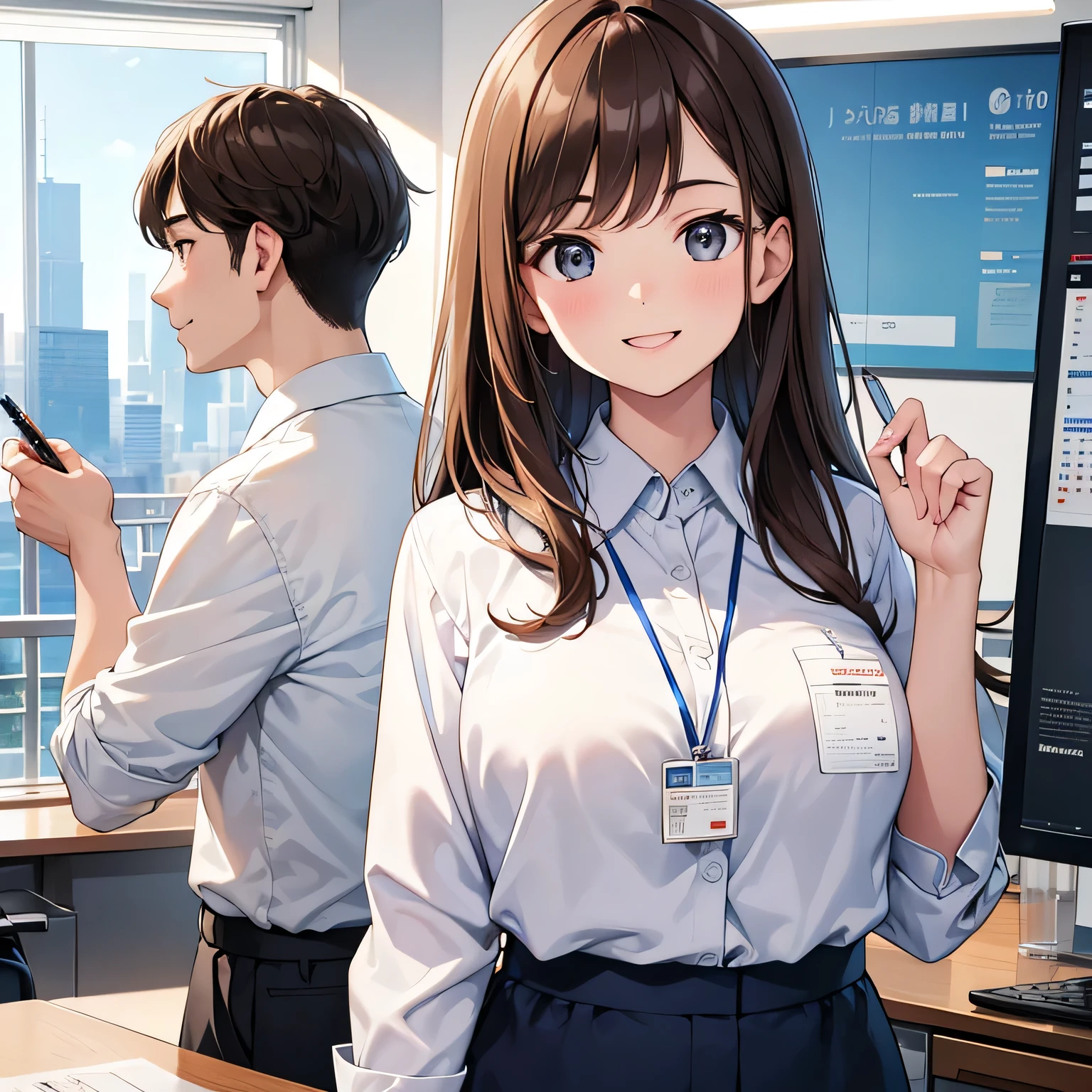 Top quality, top image quality, 1080p, 8K, masterpiece, first class, (perfect face), front, depicting professional people working in an office environment. One is holding a pen and posing strongly. One has his right arm raised, palm at shoulder level, a man and woman in modern navy blue suits, red string around their necks, employee ID cards in clear plastic cases, brown hair, modern desk with recruitment posters and calendar, city skyline in the background, soft natural light illuminating the room, high resolution, and a desire to recruit and smiles, serious expressions, and big smiles that convey a desire for career development,
