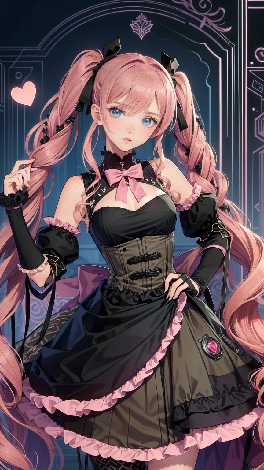  steampunk/ steampunk/ Steampunk 　、 woman, 22,  She has olive green eyes and long blond hair braided over her shoulders., Tied with ribbon and heart, Pale pink scrunchie, Red Clip. Her hair is light in color、This is getting very long.,  worn with twin tails tied with deep pink ribbons and red hearts . 