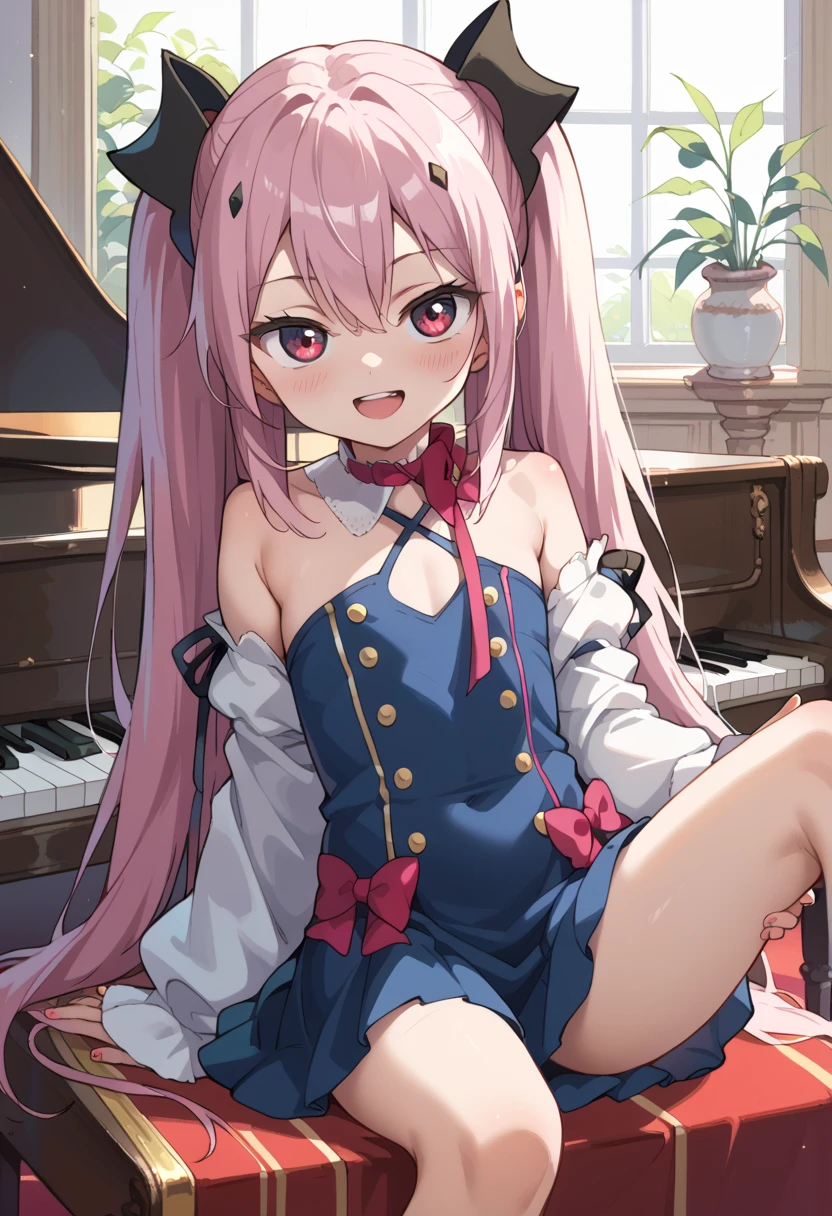 (( top quality)), ((masterpiece)), (be familiar with),  perfect face, indoor, bedroom, looking at the viewer,
One woman, Krull Tepesi ,
 open mouth,  ecstatic expression beside the piano, blush, smile,
 small ,  flat chested, Young girl, Lori,  kids,  girl,
 long hair,  twin tails,
Leg spread,