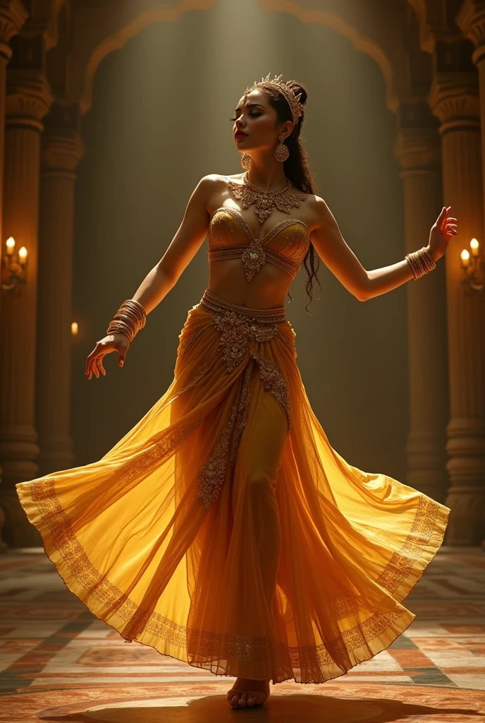 A belly dancer dancing in a Palace and winning gold coins