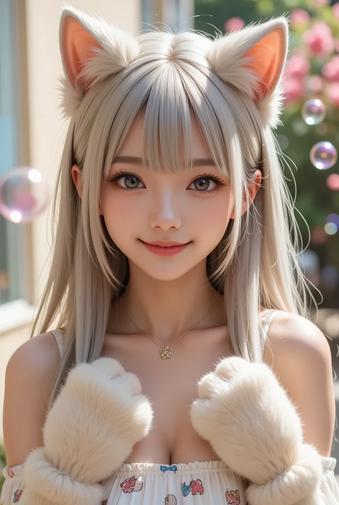  cute, personified female cat 、 I can see the whole body 、The cat is wearing a cat-patterned dress  、  The cat is posing with big fluffy gloves、In a bright room、There are lots of soap bubbles in the background 、 long hair on background