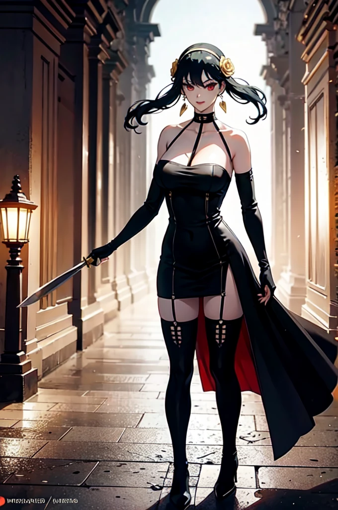 masterpiece, royal background, yor, 1girl, solo, long hair, looking at viewer, large breasts, black hair, hair ornament, red eyes, thighhighs, gloves, dress, holding, bare shoulders, jewelry, standing, weapon, flower, sidelocks, hairband, earrings, boots, black gloves, black thighhighs, hair flower, fingerless gloves, holding weapon, black dress, zettai ryouiki, thigh boots, knife, dual wielding, holding knife, dagger, lamppost, two-sided fabric, holding dagger, gold hairband, two-sided dress,