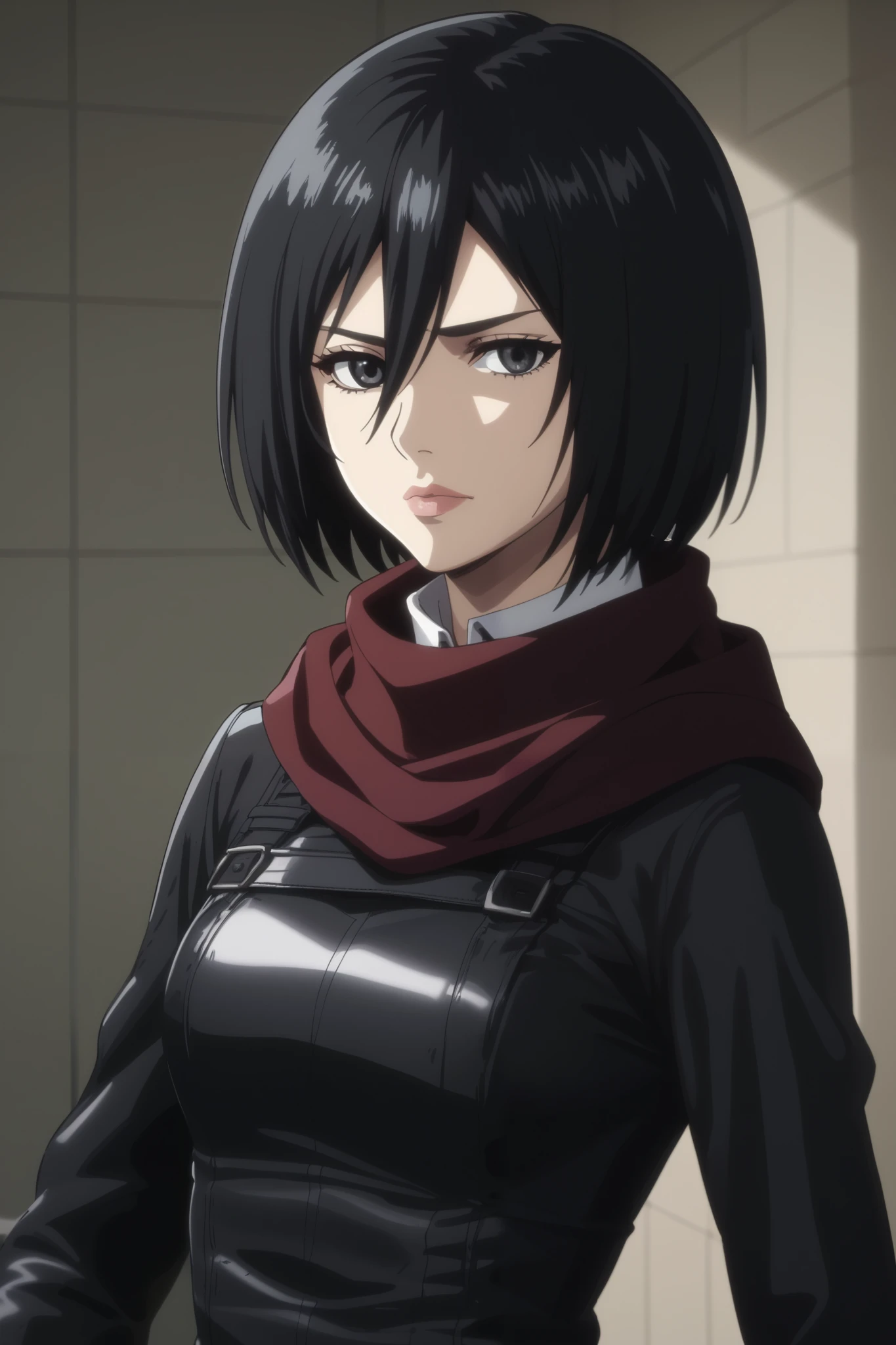 score_9, score_8_up, score_7_up, source_anime, rating_safe, intricate details, anime screencap, , , looking at viewer, , 1girl, solo, mikasa_ackerman, black hair, black eyes, s3, hair between eyes, short hair, lips, gothic dress, latex, gothic theme, red face, looking at viewer, she wears servant clothes, she is cleaning the bathroom, she wears too small skirt, scarf