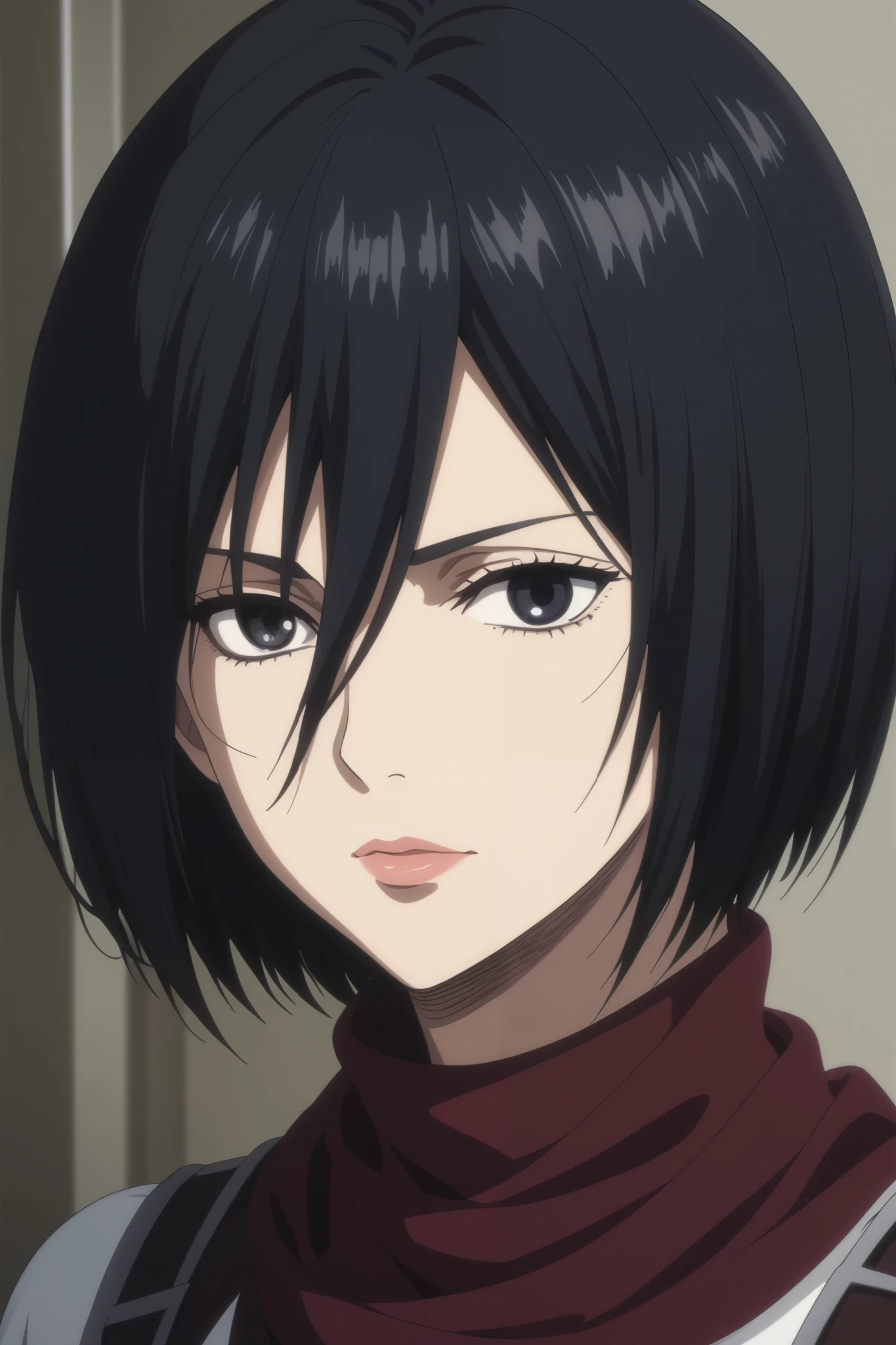 score_9, score_8_up, score_7_up, source_anime, rating_safe, intricate details, anime screencap, , , looking at viewer, , 1girl, solo, mikasa_ackerman, black hair, black eyes, s3, hair between eyes, short hair, lips, gothic dress, latex, gothic theme, red face, looking at viewer, she wears servant clothes, she is cleaning the bathroom, she wears too small skirt, red scarf