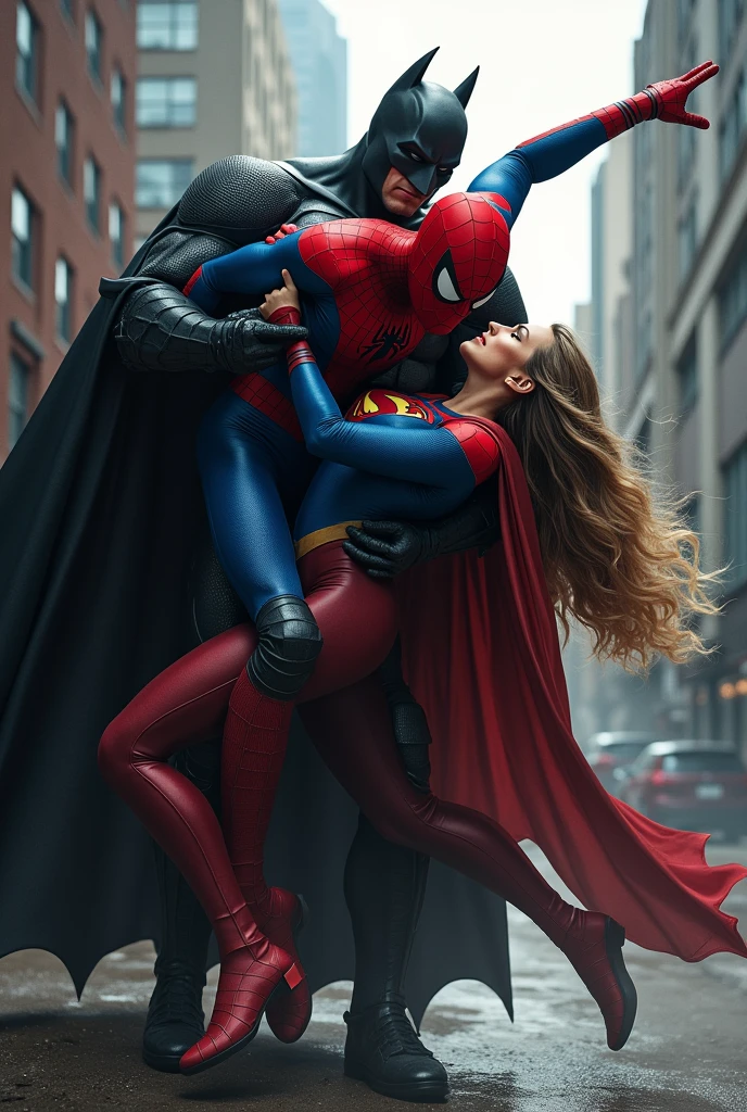 Create Spiderman and a super girl with a cape who are looking at a villain and both of them are looking at him from behind