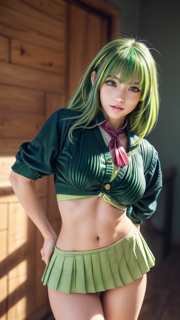 Screenshot of Boku no Hero Academia with a girl with dark green hair with a yellow streak and emerald green eyes 