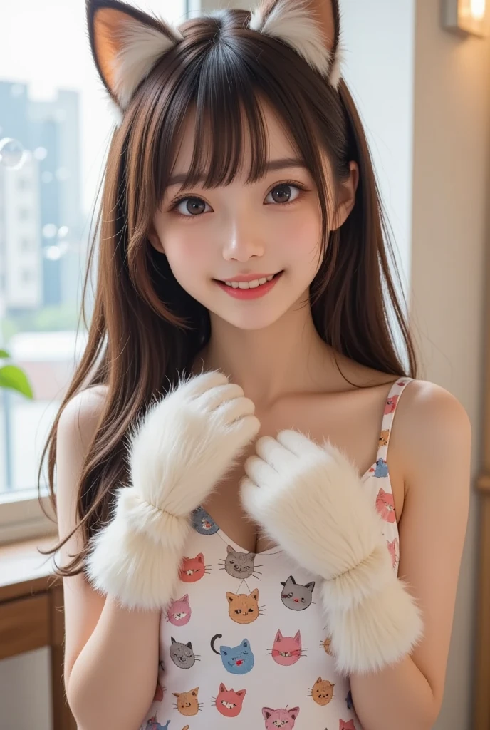  cute, personified female cat 、 I can see the whole body 、The cat is wearing a cat-patterned dress  、  The cat is posing with big fluffy gloves、In a bright room、There are lots of soap bubbles in the background 、 long hair on background