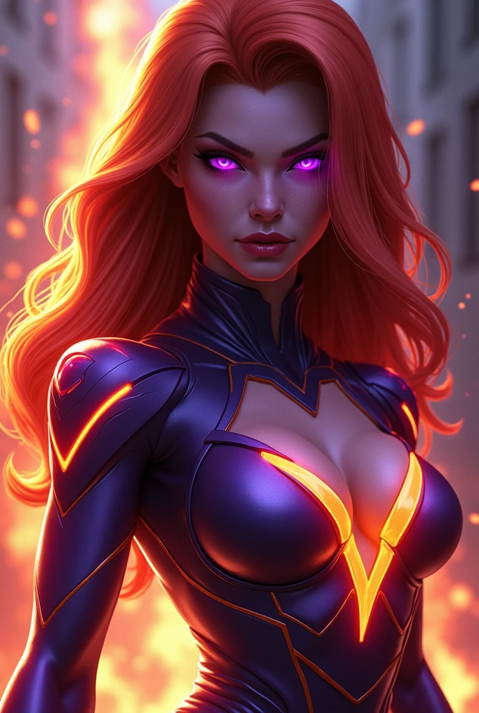 Scene from the movie, Sexy Scarlet Witch from Marvel, big boobs, extremely detailed, futuristic cityscape, nighttime, glowing neon lights, smoke, sparks, metal shavings, flying debris, blue energy effects, volumetric light