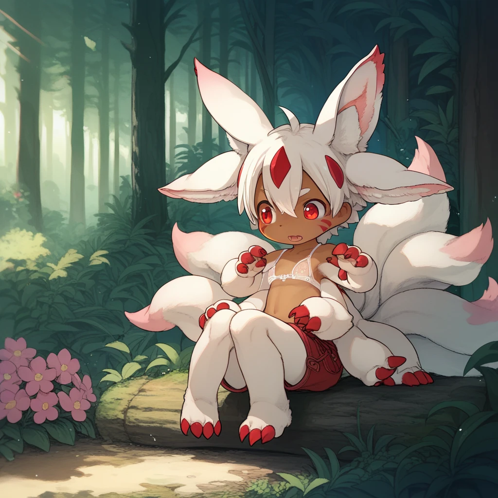 score_9, score_8_up, score_7_up,  anime_source, 1girl, solo,
akihito,
faputa, dark-skinned girl, animal ears, extra arms, red claws, multiple tails, white fur, translucent_bra
sitting, looking away, open mouth, big forest, full body, pink flower,