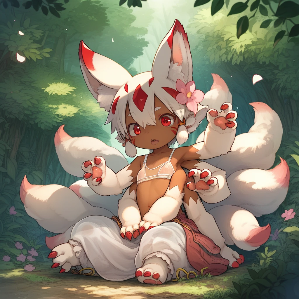 score_9, score_8_up, score_7_up,  anime_source, 1girl, solo,
akihito,
faputa, dark-skinned girl, animal ears, extra arms, red claws, multiple tails, white fur, translucent_bra
sitting, looking away, open mouth, big forest, full body, pink flower,