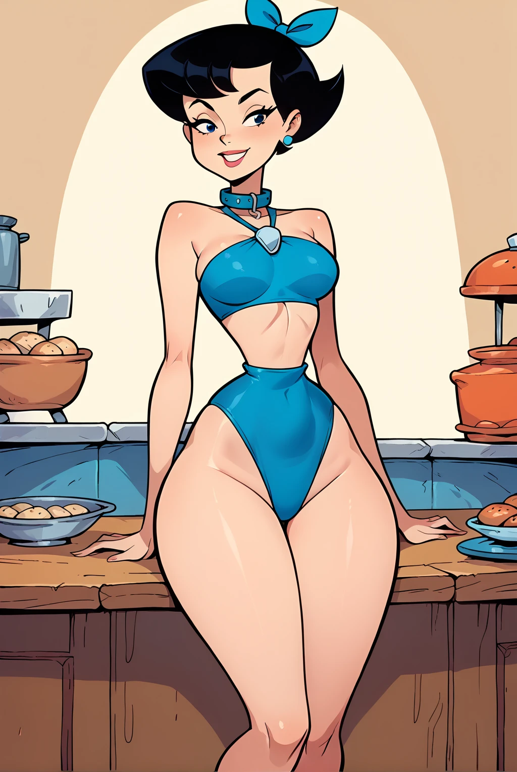 Betty Rubble (Flintstone),smile, light skin,  short black hair,  blue ribbon in hair , collar, wearing tiny blue swimsuit  ,  medium breasts, (lean your body forward )), narrow waist,  wide hips ,  thick thighs ,  looking at the spectator, smile,Alone.,colorful, legs open seated at a kitchen table, perfect anatomy,perfect pose