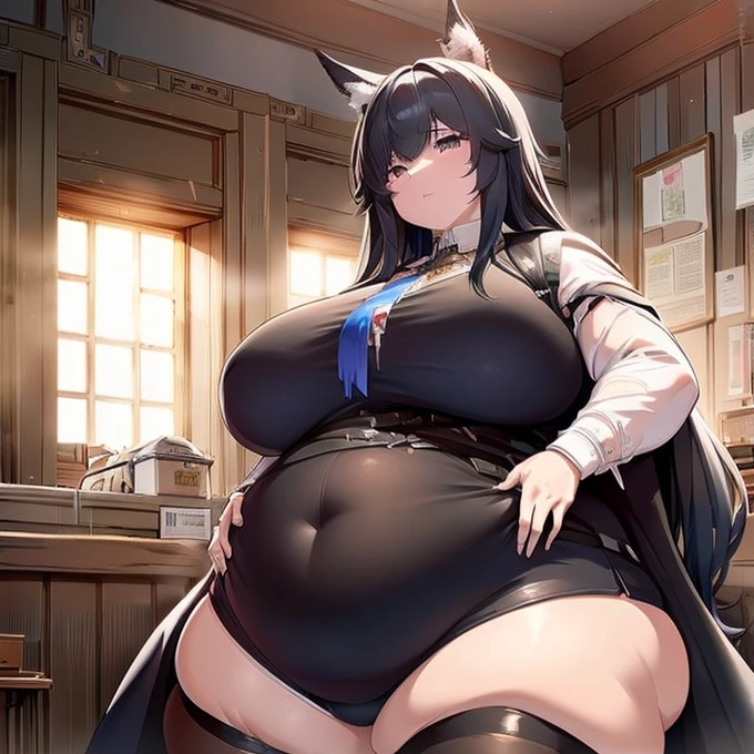 Massive breast, crazy wolf hair, wolf ears and tail, wearing military tank clothing, black hair, red eyes, big belly