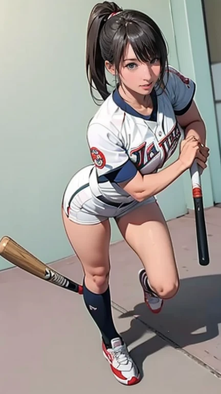  wearing a baseball uniform and holding a bat, Female baseball player, holding a Baseball bat, holding a Baseball bat!!, Leg and thigh shots, Leg and hip shot, hip and  Leg Shots , Baseball bat, A Japanese woman wearing a volleyball uniform ,  Leg Shots , Mid Action Swing, Professional sports style, Full body wide angle shot,   full length shot  ,  wearing a basketball uniform 